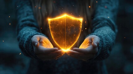 A glowing shield is held firmly in a person's hands, radiating light and power, symbolizing protection and courage.