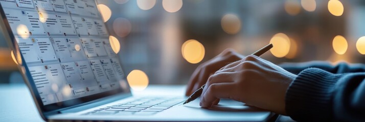 Poster - A person typing on a laptop with a blurred background of lights.