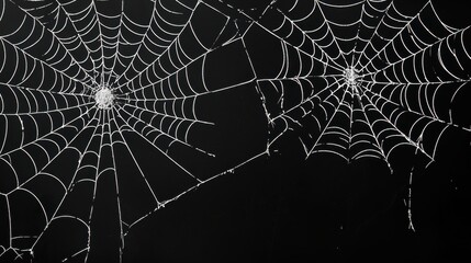 Scary spider webs. White cobweb silhouette isolated on black background. Set of doodle spider webs. Hand drawn cob webs for Halloween party.