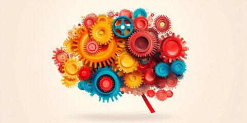 A colorful abstract brain composed of various gears and cogs, symbolizing creativity and complex thinking. vibrant colors and intricate design evoke sense of innovation and mechanical intelligence