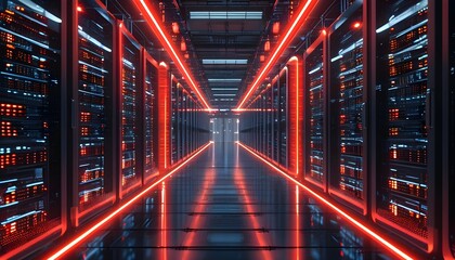 Futuristic data center corridor illuminated by glowing red lines with servers lining both sides, showcasing advanced technology and network infrastructure