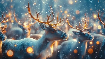 A serene winter scene featuring a majestic reindeer herd under falling snow and glowing lights, creating a magical atmosphere.