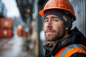 caucasian man worker with safety vest and hard hat, closeup