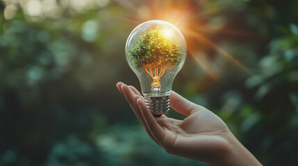 Poster - Hand gently holding a light bulb with a vibrant tree growing inside, bathed in warm sunlight, against a natural green background