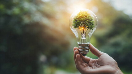 Poster - Businessman holding lightbulb with tree growing inside, representing the importance of environmental conservation and sustainable energy
