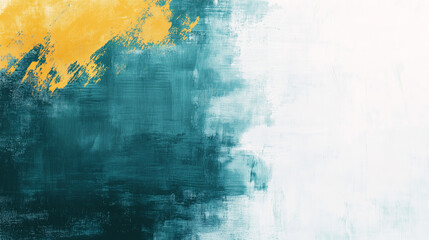 Wall Mural - Abstract brushstrokes in dark teal and ochre over a white backdrop, with noise texture, with copy space