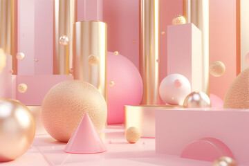 Wall Mural - 3d art background with pink waves, shapes and balls