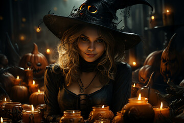Canvas Print - generative ai picture of beautiful girl dressed in witch costume celebrate happy halloween day