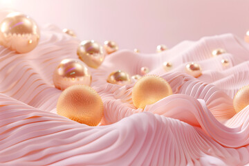 Wall Mural - 3d art background with pink waves, shapes and balls