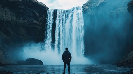 A man stands confidently in front of a large waterfall, blue skies above, with water cascading down behind him in a breathtaking scene.