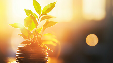 Poster - Sunset background with small plant growing from a stack of coins, representing economic growth