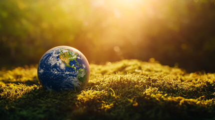 Poster - Small world on moss shines in the morning light, representing optimism for a sustainable future in the face of climate challenges