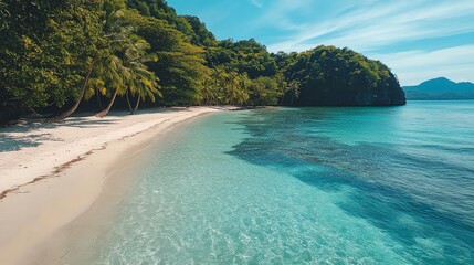 Wall Mural - Tranquil tropical beach with white sand and crystal clear turquoise water.