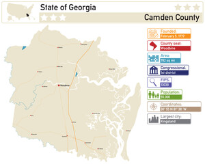 Canvas Print - Detailed infographic and map of Camden County in Georgia USA.