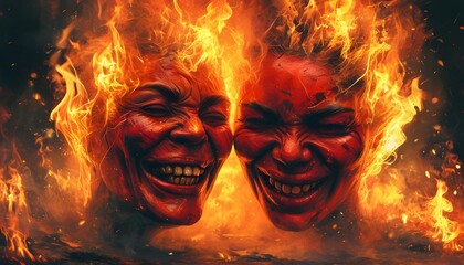 Intense fiery faces surrounded by swirling flames and smoke in a dramatic surreal landscape