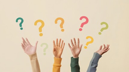 Poster - Diverse hands reaching towards colorful question marks. Represents inquiry and collaboration.
