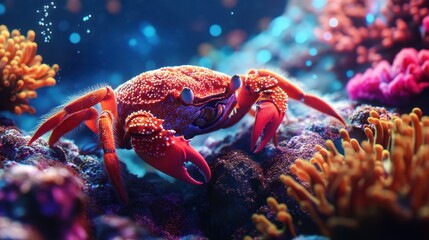 Crab swimming under clear blue waters, showcasing the vivid coral structures that surround them.