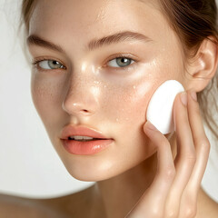 A close-up shot of the model's face, applying makeup with one hand and holding a cotton pad in her other hand, set against a white background