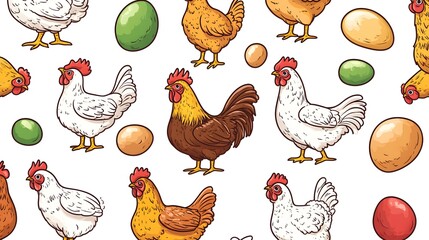 Seamless pattern with hens, rooster and eggs