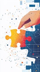 Poster - Modern abstract business illustration with a large puzzle piece being placed against a network background. Concept of teamwork, problem-solving, and strategic solutions.