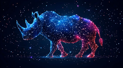 Abstract Rhinoceros with Glowing Polygons on Dark Blue Background