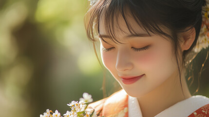 A young Japanese woman with a gentle smile, holding a small bouquet of flowers , copy space, natural