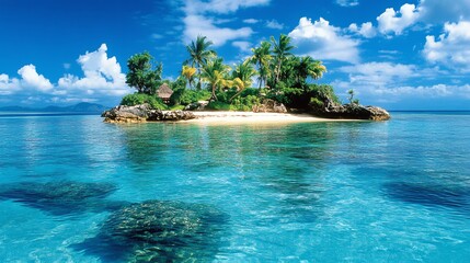 Wall Mural - A tropical island with palm trees, white sand beach and crystal clear turquoise water.