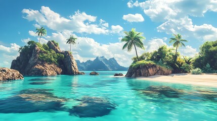 Wall Mural - Tropical paradise with palm trees on a white sand beach with crystal clear turquoise water.