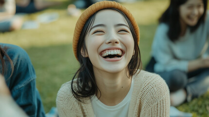 A young Japanese woman laughing naturally, surrounded by her friends at a picnic , copy space, natural