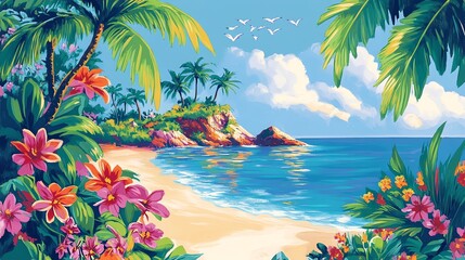 Wall Mural - A vibrant tropical beach scene with palm trees, turquoise water, and blooming flowers.
