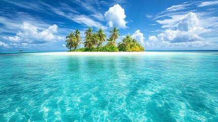 Wall Mural - A small, tropical island with palm trees surrounded by crystal clear blue water.