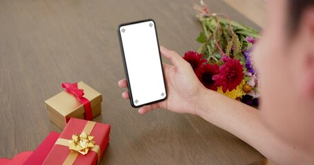 Poster - African american woman holding smartphone with copy space on blank screen