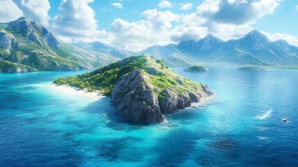 Wall Mural - Aerial view of a lush, tropical island with a white sand beach, surrounded by clear blue ocean and mountains.