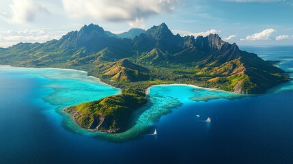 Wall Mural - Aerial view of a tropical island with crystal clear water and lush green mountains.