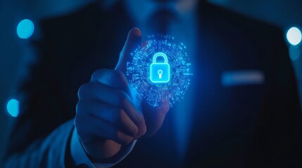 Fototapete - Close-up of a businessman interacting with a digital lock icon, representing cybersecurity and data protection.