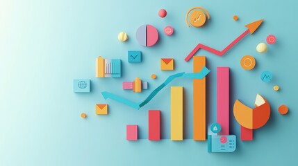 Aufkleber - Minimalist 3D business graph with colorful bars and icons on a pastel turquoise background. Financial growth and business data analysis concept.