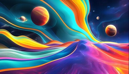 Vibrant abstract cosmic landscape featuring wavy lines and planets in a colorful space scene ideal for backgrounds and artistic designs