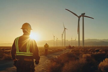 Two male engineers inspect wind turbines in a sunlit desert setting during sunset.