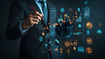 Aufkleber - Close-up of a businessman analyzing digital graphs with futuristic icons in a dark room. Data-driven decision making and business strategy concept