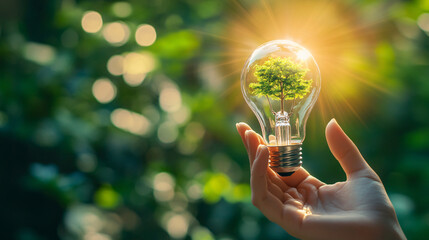 Poster - Gentle hand holding a vibrant tree inside a light bulb, illuminated by warm sunlight on a lush green backdrop