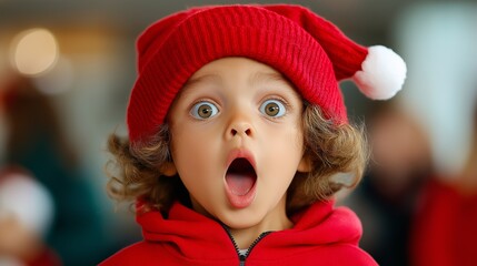 Wall Mural - A young girl wearing a red hat and a red sweater with a big open mouth. The girl is looking at the camera with a surprised expression