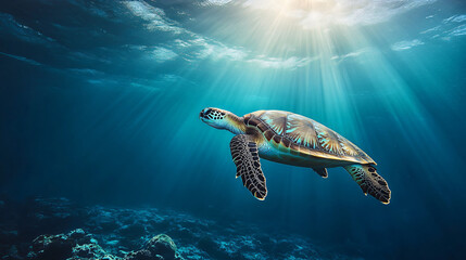 Poster - Graceful sea turtle swimming towards the sunlit ocean surface in clear blue water
