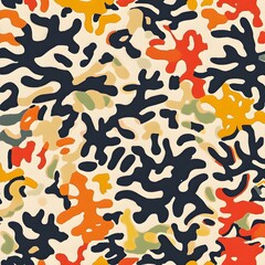 Abstract pattern with blue, orange, yellow and green shapes on white background