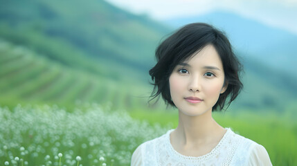 Canvas Print - Young Chinese Model Terraced Rice Fields