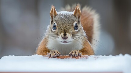 A squirrel is standing on a snow covered log. The squirrel is looking at the camera. The image has a calm and peaceful mood