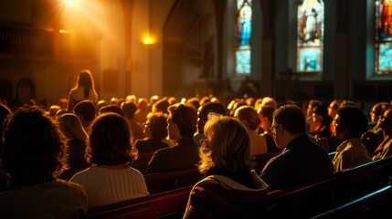a large crowd of people are sitting in a church