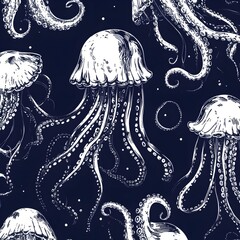 Wall Mural - Sea Creatures,  Jellyfish and Octopus Seamless Pattern