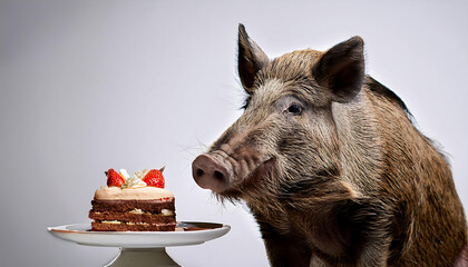 wild boar eating cake