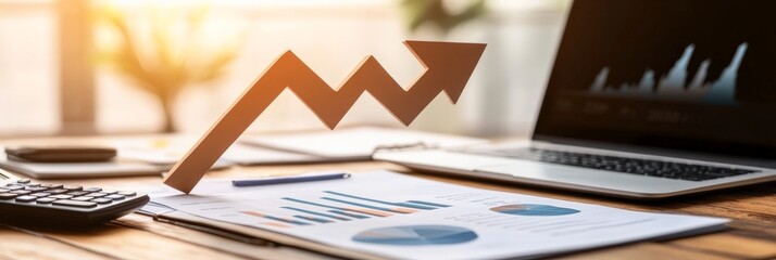 Aufkleber - Upward-pointing arrow on business documents near a laptop. Represents financial growth, market trends, and business success.