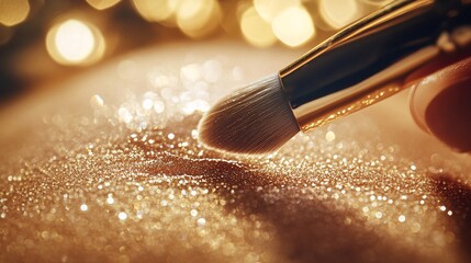 A close-up of a beauty product being applied to the skin, the focus on the texture and shimmer of the product, soft, natural lighting highlighting the smooth application process, background is a